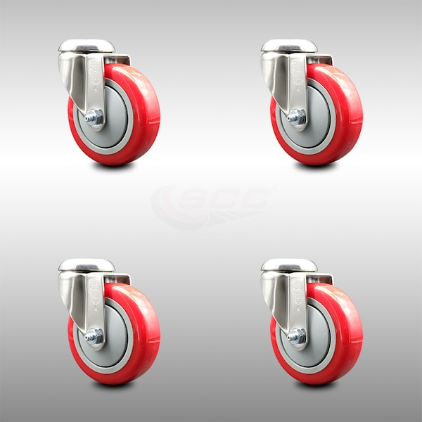 4 Inch 316SS Red Polyurethane Wheel Swivel Bolt Hole Caster Set